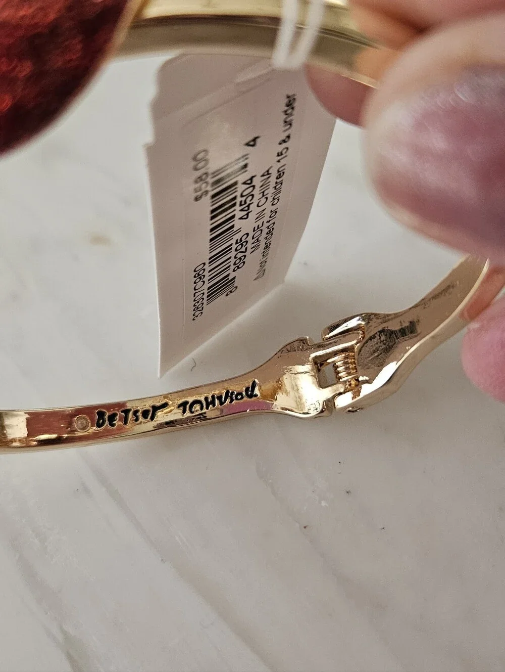Betsey Johnson Gold Cuff Bracelet with Red Crystal Apple and Green Leaf